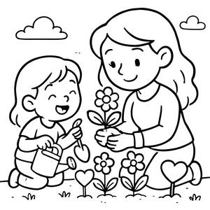 Pagina da Colorare Mamma e Bambino Piantando Fiori