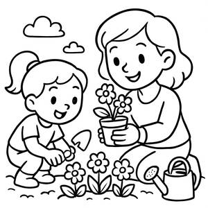 Página para Colorir de Mãe e Filho Plantando Flores
