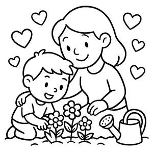 Pagina da Colorare Mamma e Bambino che Piantano Fiori