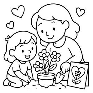 Pagina da Colorare per la Festa della Mamma: Piantare Fiori con Amore