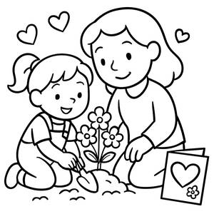 Pagina da Colorare per la Festa della Mamma: Piantare Amore nel Giardino