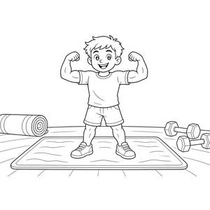 Kid Flexing Muscles Coloring Page