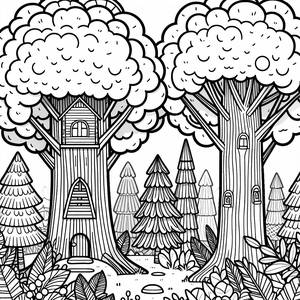 Page à Colorier de la Forêt Mystique avec Cabane Cachée dans l'Arbre