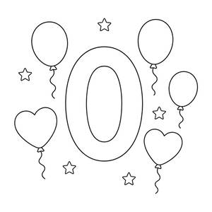 Fun Number 0 Coloring Page with Balloons