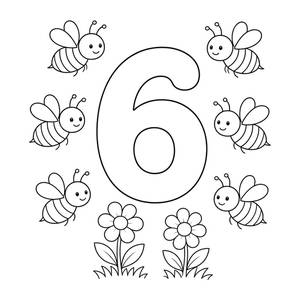 Fun Number 6 Coloring Page with Bees