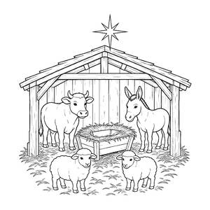 Nativity Stable with Animals Coloring Page