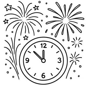 Neujahrs-Malvorlage: Feuerwerk und Uhr