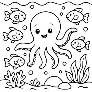 Malvorlage von einem Oktopus und Fischen