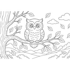 Owl on an Autumn Tree Coloring Page