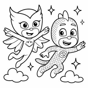 Owlette und Gekko Fliegen Zusammen - Kostenlose Ausmalseite