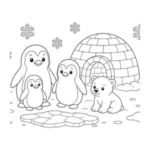 Ausmalbild Pinguine und Eisbärjunges am Iglu
