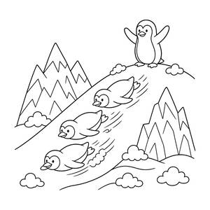 Penguins Sliding Down a Snowy Hill Coloring Page
