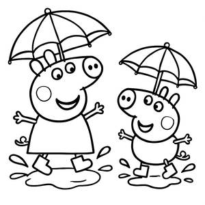 Página para Colorear de Peppa y George Saltando en Charcos de Barro