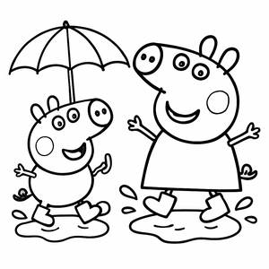 Pagina da Colorare di Peppa e George che Saltano nelle Pozzanghere di Fango