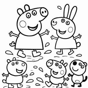 Malvorlage von Peppa Pig und George, die in Matschpfützen Springen