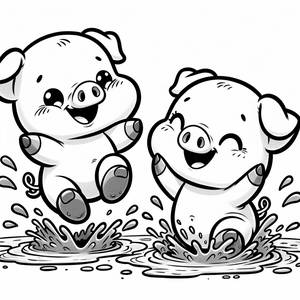 Pagina da Colorare di Peppa Pig e George che Saltano nelle Pozzanghere di Fango