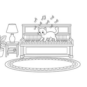 Kitten on Piano Keys Coloring Page