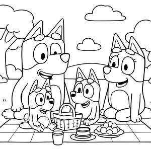 Picnic Fun Coloring Page with Bandit, Chilli, Bluey, and Bingo