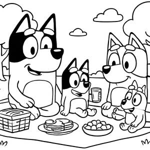 Färbe Seite vom Lustigen Picknick mit Bluey und Freunden