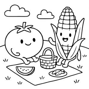 Picknick-Zeit: Ausmalbild von Tomate und Mais