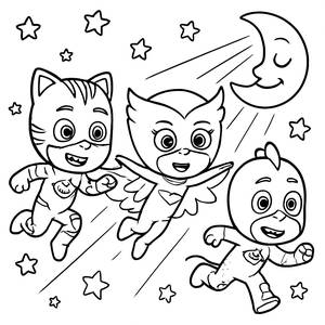 Раскраска PJ Masks: Кэтбой, Совушка и Гекко Летают по Звездному Небу!