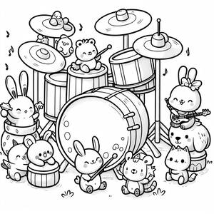 Pagina da Colorare del Set di Batteria con Animali Giocosi
