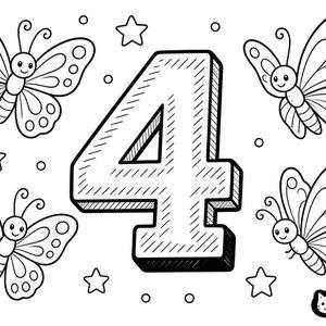 Pagina da colorare Numero 4 con farfalle giocose