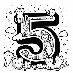 Page à Colorier avec le Numéro 5 et des Chatons Joueurs