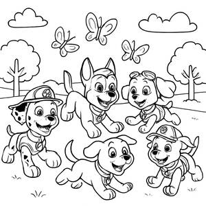 Ausmalbild der Paw Patrol Welpen im Spielpark