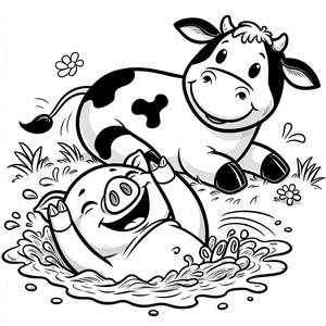 Раскраска Веселая Свинья и Радостная Корова
