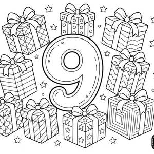 Pagina da colorare Numero 9 con regali divertenti