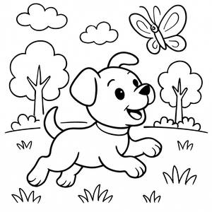 Pagina da Colorare di un Cucciolo Giocoso che Insegue una Farfalla