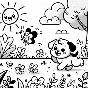 Ausmalbild von einem Verspielten Welpen, der einem Schmetterling Nachjagt