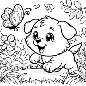 Página para Colorir de um Cachorrinho Brincalhão Perseguindo uma Borboleta