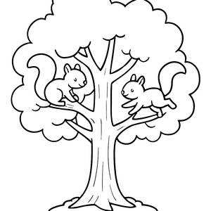 Playful Squirrels in a Tall Oak Tree Coloring Page