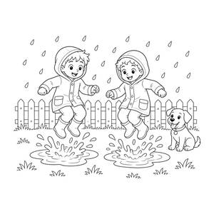 Kids Jumping in Rain Puddles Coloring Page