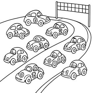 Pagina da Colorare Circuito di Corsa: Auto Veloci 0-9