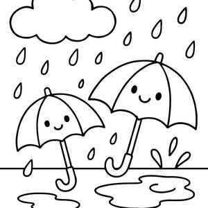 Pagina da Colorare di una Giornata Piovosa: Divertiti con Ombrelli e Pozzanghere!