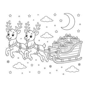 Reindeer Pulling a Gift Sleigh Coloring Page