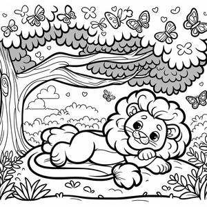 Раскраска Льва, Отдыхающего под Деревом