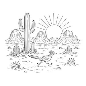 Roadrunner and Cactus in the Desert at Sunset Coloring Page