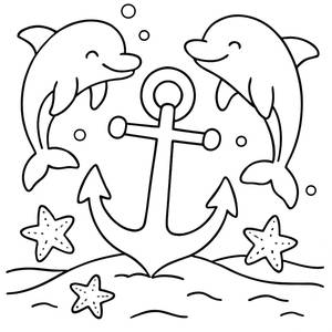 Sailor's Adventure Coloring Page: Anchors, Dolphins, and Starfish!