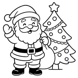 Página para Colorir do Papai Noel: Papai Noel Feliz com Presentes e Árvore de Natal