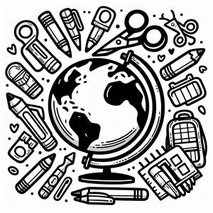 Pagina da Colorare Materiale Scolastico: Globo con Forbici e Crayoni!