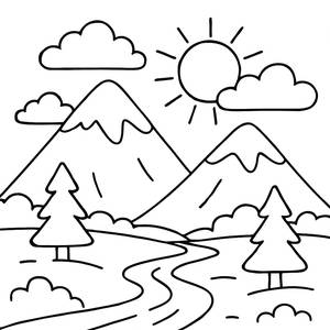 Pagina da Colorare di un Paesaggio Montano Sereno