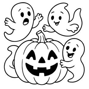 Página para Colorear de Fantasmas Divertidos y Calabaza Sonriente