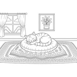 Sleeping Cat on Cushion Coloring Page