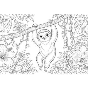 Smiling Sloth on a Jungle Branch Coloring Page
