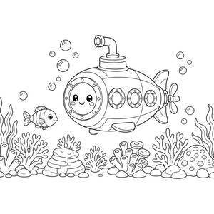 Small Submarine Above a Coral Reef Coloring Page