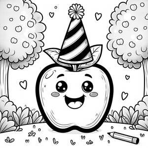 Page à Colorier Pomme Souriante avec Chapeau de Fête